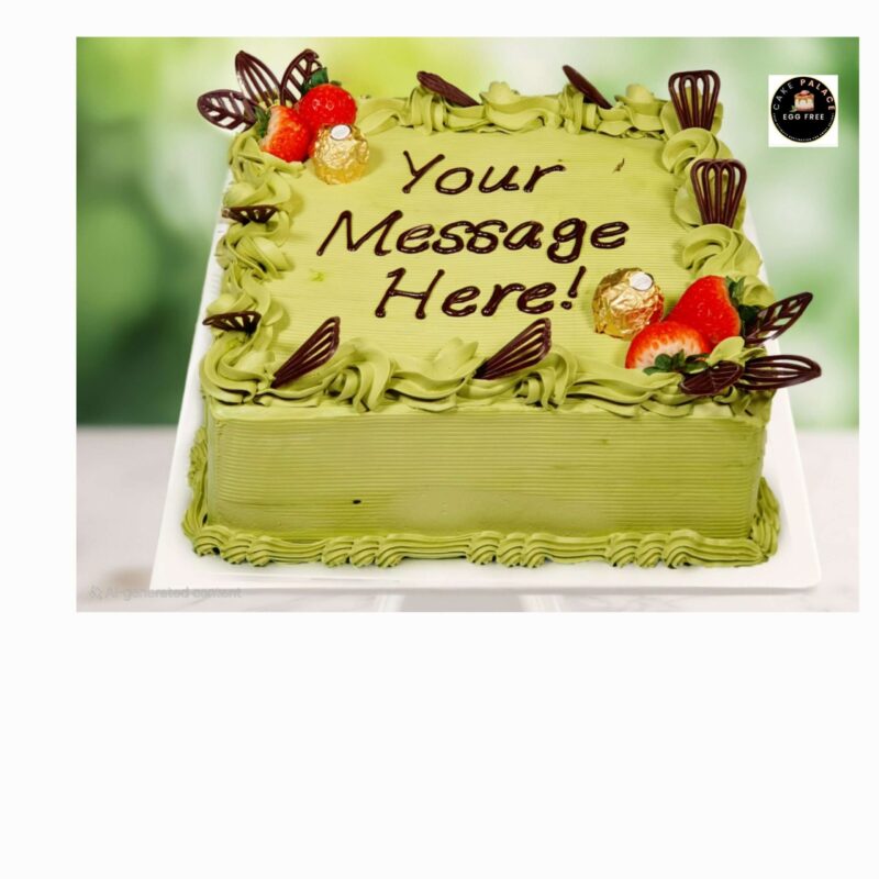 Pistachio cream cake with strawberry and Ferrero plus fans on top